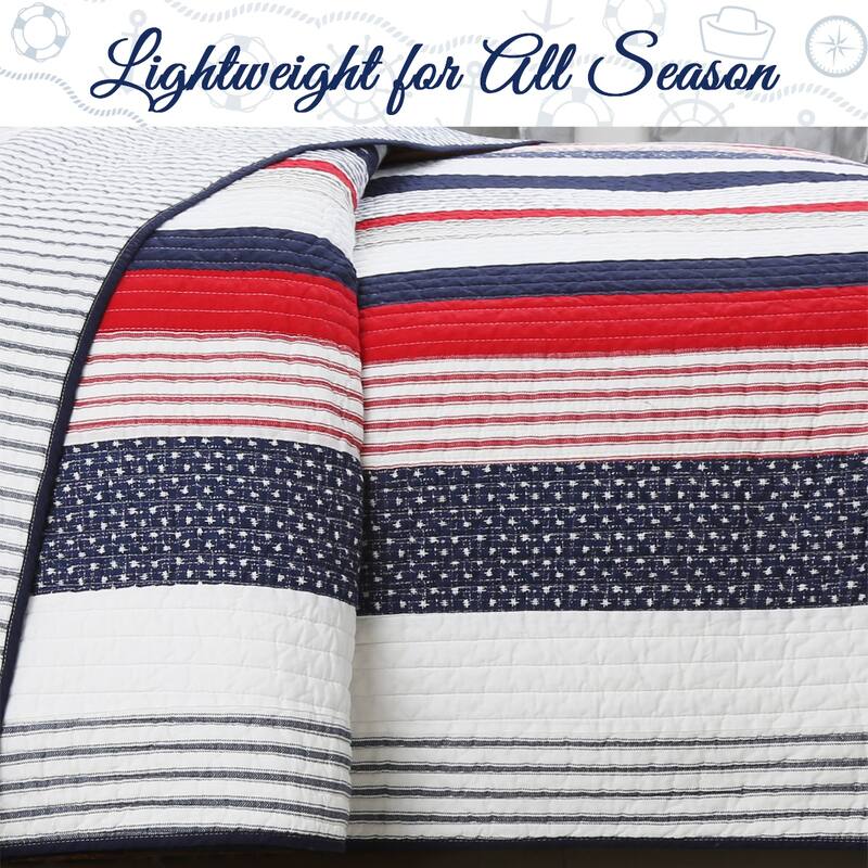 Cozy Line Liberty Patriotic Stripes Reversible Red Blue White Striped Patchwork Cotton Quilt Bedding Set