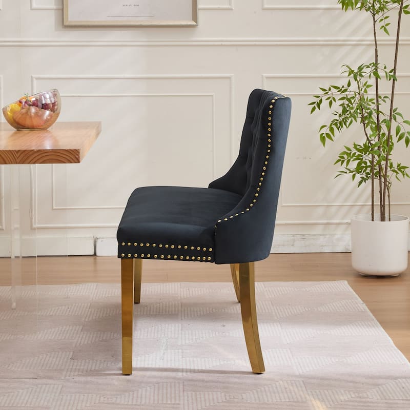 Velvet Double Dining Loveseat Bench, 2-Seat Tufted Bench w/Handmade Buttons, Wing Back, Gold-Plated Steel Legs, Single Pack