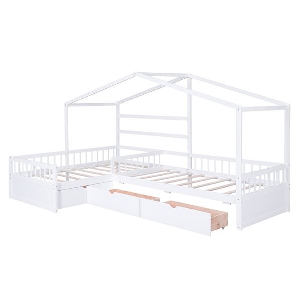 slide 2 of 10, Twin Size House Platform Bed with 3 Storage Drawers, Wooden Daybed for 2, L -Shaped Double Bedframe with Roof & Fence White - Twin