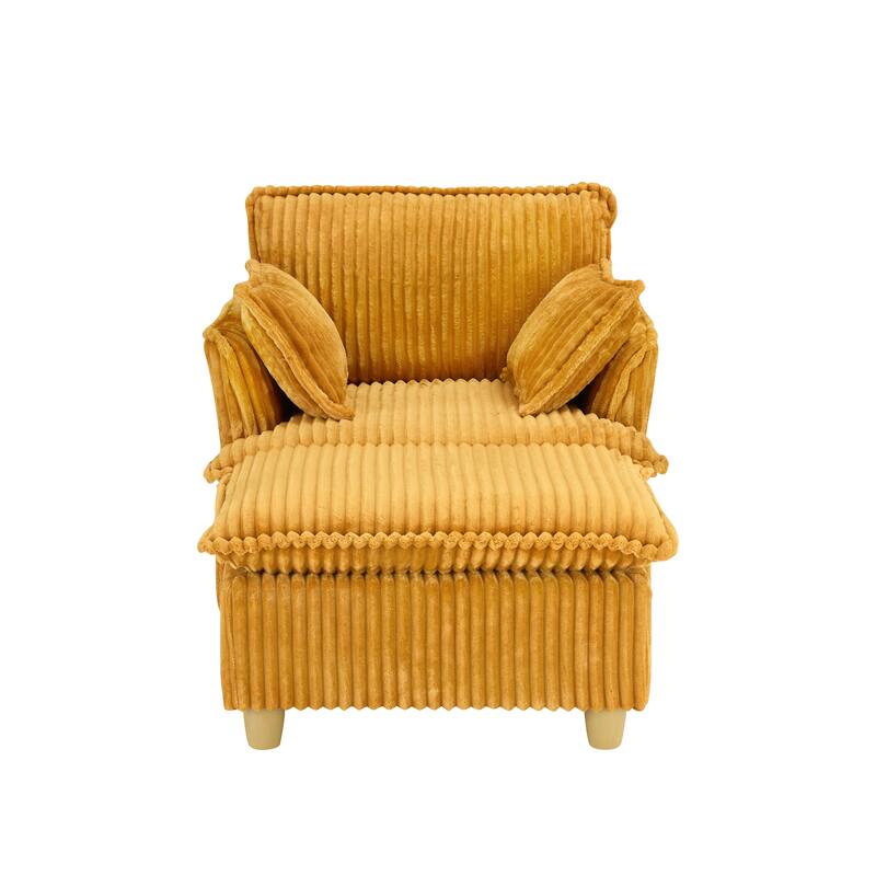 Single Sofa with Ottoman, Comfy Corduroy Upholstered Armchair, Lounge Chair with Throw Pillows for Living Room, Balcony