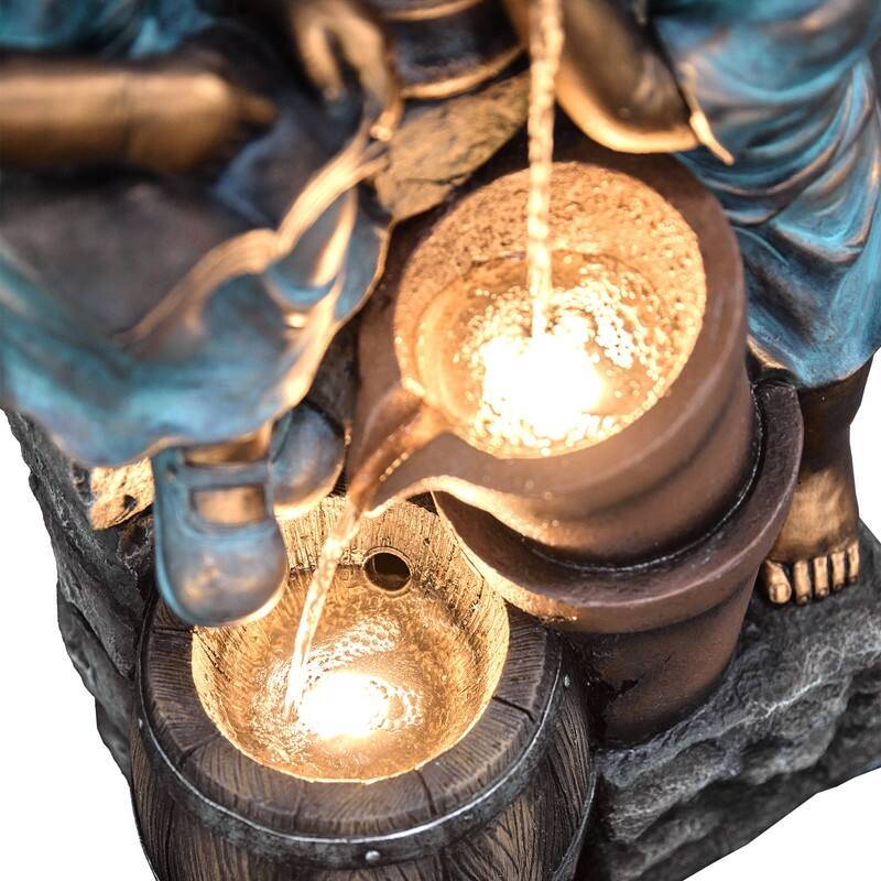Storybook Outdoor Water Fountain with Boy and Girl Sculpture, Warm LED Lamp Post and Soothing Water Flow