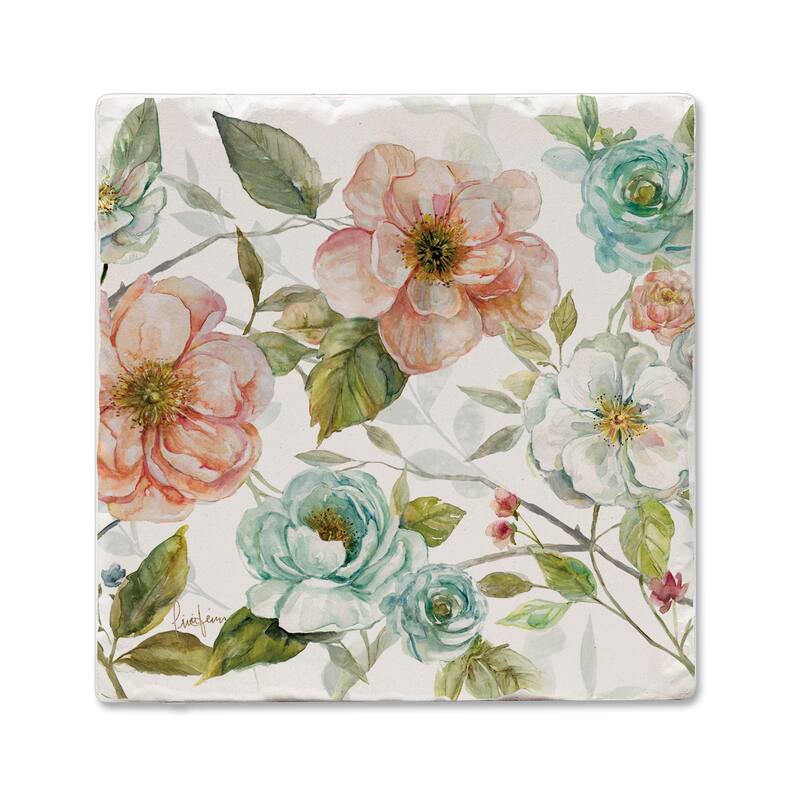 Pastel Garden 4-Pack Tumbled Tile Stone Coasters with Protective Cork Backing Manufactured in The USA - Multi