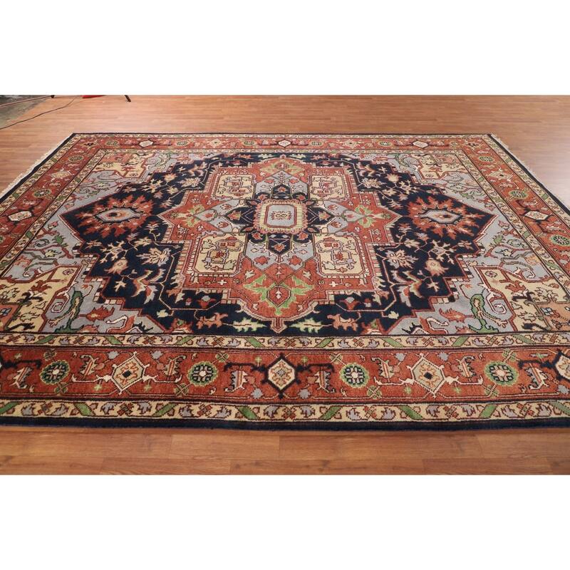 Navy Blue Orange Heriz Serapi Indian Area Rug Hand-Knotted Wool Carpet - 8'10" X 11'9"