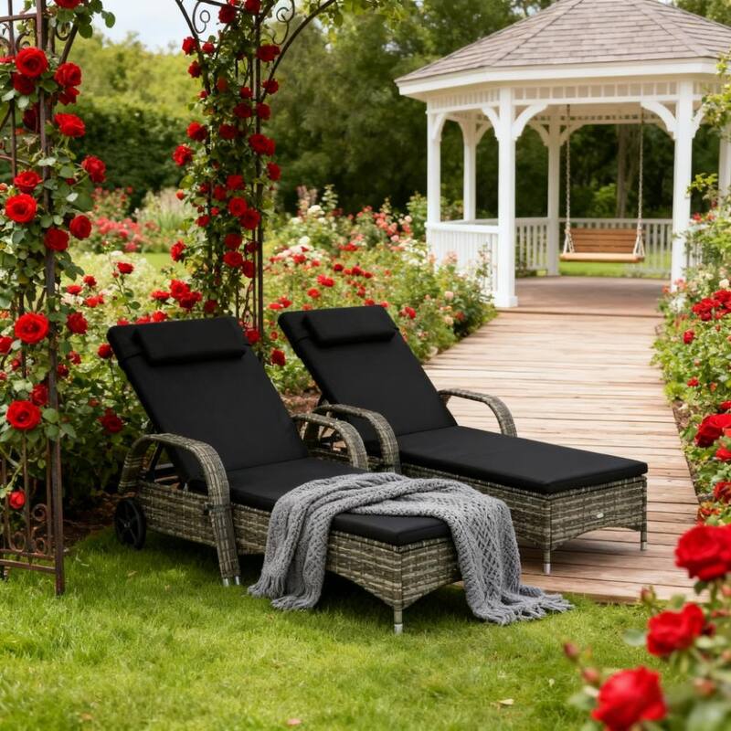 GDFStudio Outdoor Valeria Steel PE Rattan Pool Chaise Lounge Set with Cushions