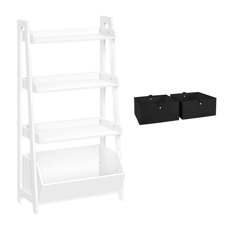 RiverRidge Kids 4-Tier 24in Ladder Shelf Toy Organizer with 3 Open Display Shelves- White with Two 5" Fabric Bins