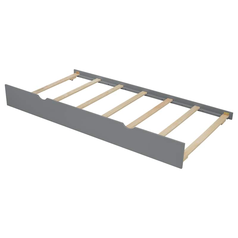 Solid Pinewood Captain Platform Bed with Trundle Bed, Upholstered Headboard, Rotatable Storage Board and Bookshelves
