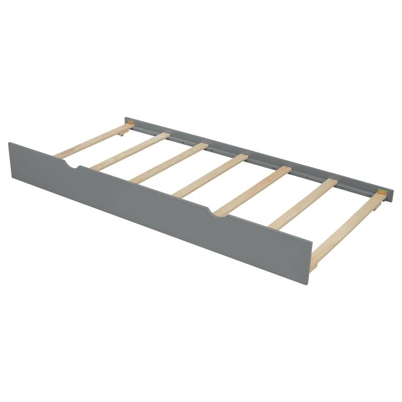Twin Size Platform Bed with Trundle Bed, Built-in Storage Headboard, Shelves, and Rotating Board, Upholstered Backrest