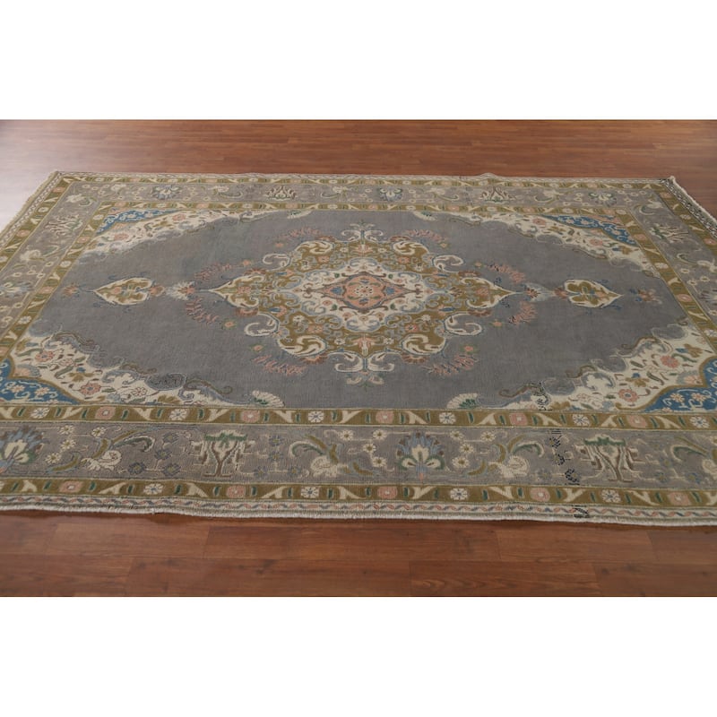 Gray Tabriz Vintage Persian Area Rug Hand-Knotted Wool Carpet - 6'6" x 9'8"