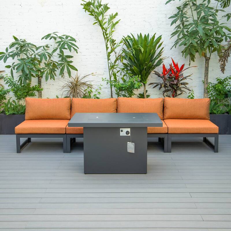 LeisureMod Chelsea 5-Piece Outdoor Patio Chairs and Fire Pit Table Set