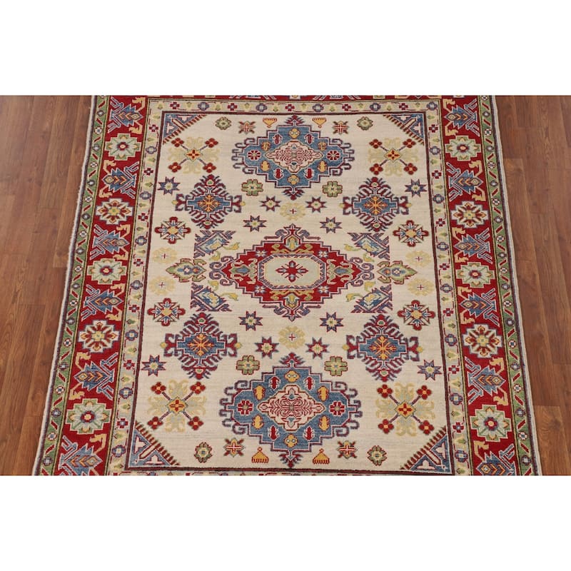 Beige Geometric Kazak Oriental Area Rug Hand-Knotted Wool Carpet - 5'1" x 6'6"