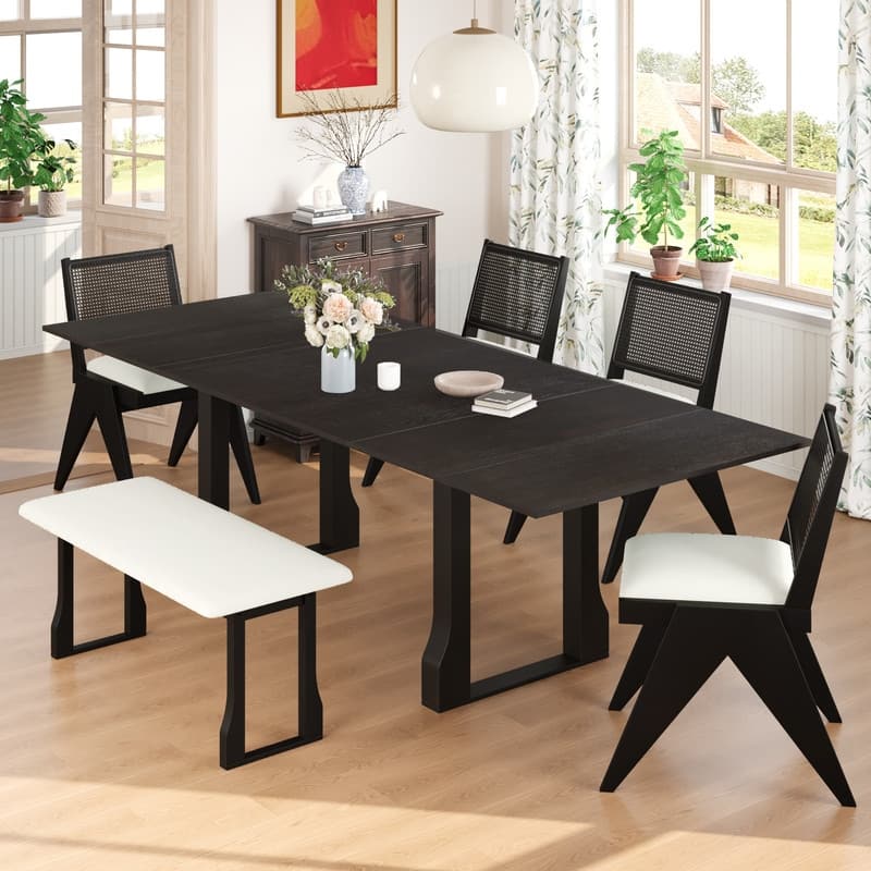 Modern Six-Piece 82.7-Inch Extendable Dining Set with Four Wicker-Back Upholstered Chairs and a Long Bench