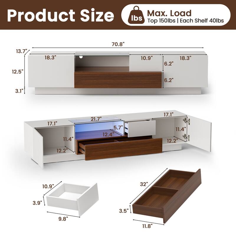 Meyreso 70.8" High Gloss TV Stand with LED Lights and Storage Drawers - 70 inches