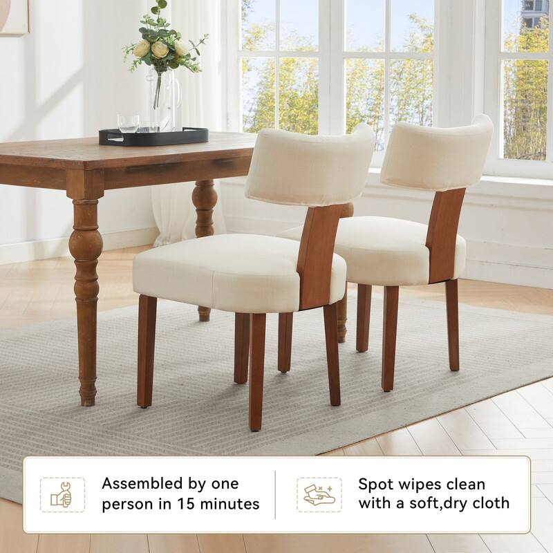 Set of 2 Linen Fabric Modern Armless Dining Chairs With Curved backrest and Solid Wooden Legs for Dining Room Living Room