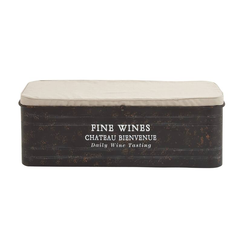 Brown Metal Storage Bench with Cream Burlap Top and Champagne Typography