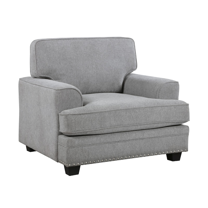 Brady Accent Armchair, Gray Chenille, Nailhead Trim, Black Legs