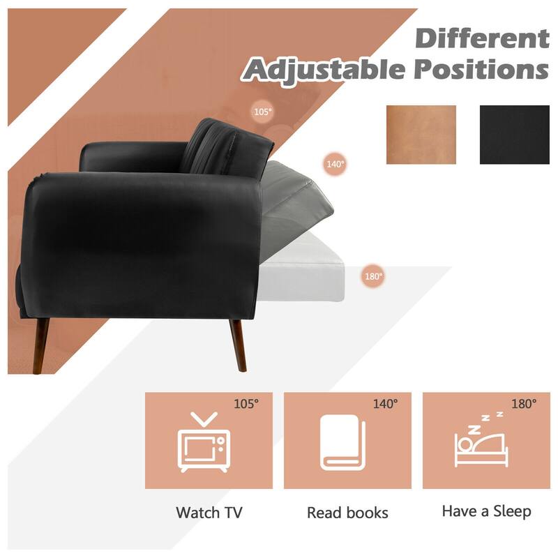 Gymax Convertible Futon Sofa Bed PU Adjustable Couch Sleeper w/Wood