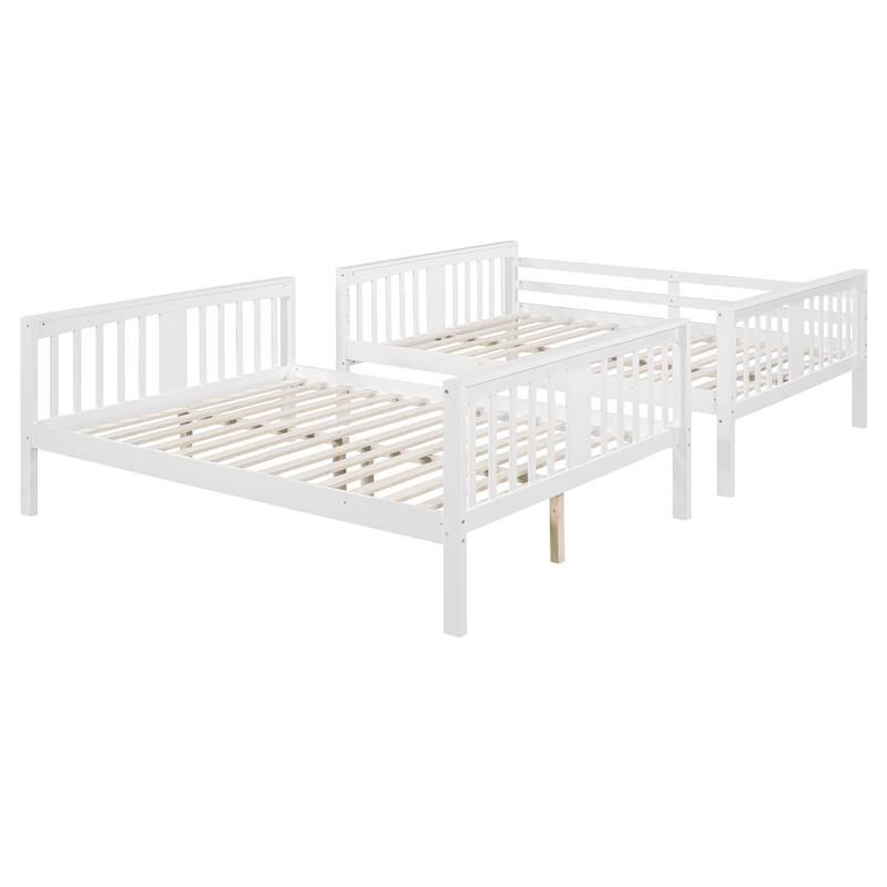 Full over Full Bunk Bed with Ladder, White, No Box Spring Needed, Solid Pine Wood Construction