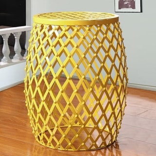 Bright Yellow Adeco Home Garden Accents Wire Round Iron Metal Stool Side End Table Plant Stand Chair Hatched Diamond Pattern 