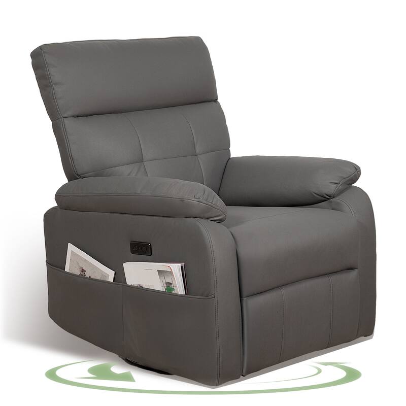 Electric Power Swivel Recliner Chair - Oversized PU Leather Massage Recliner with USB/Type-C Charging - DARK GREY