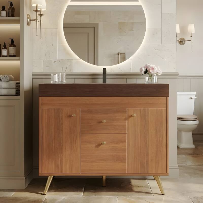36" Modern Freestanding Bathroom Vanity with Sintered Stone Top, Ceramic Sink & Smart Storage