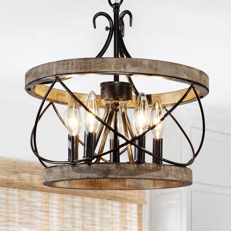 Cusp Barn 15.7 Inch Farmhouse Drum Wood Chandelier, 5-Light Rustic Over Table Chandelier Light Fixtures for Kitchen Island Foyer - Weathered Wood - 19.7 Inch