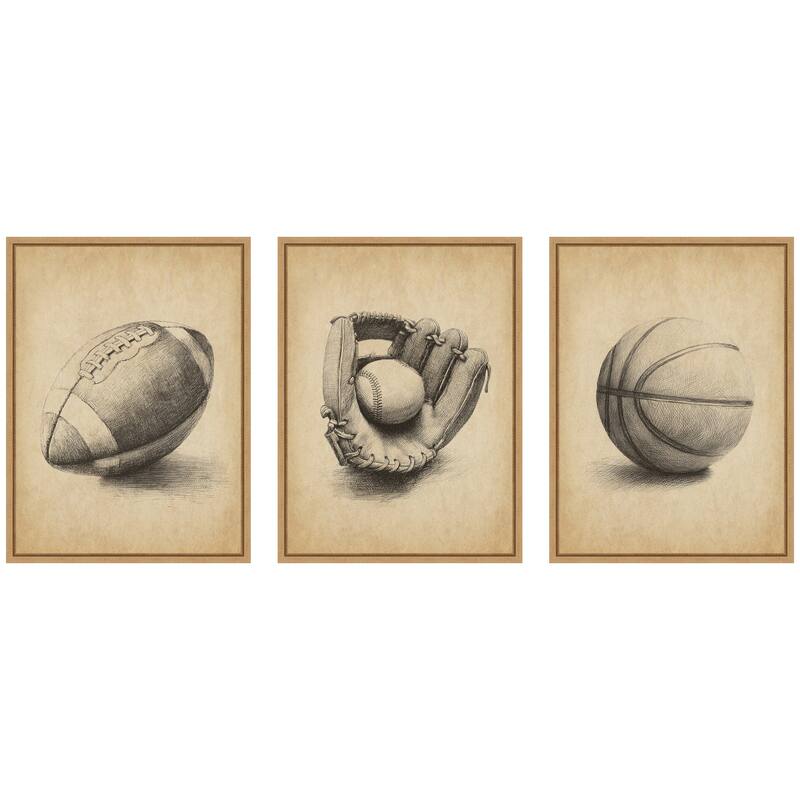 Kate and Laurel Walnut Antique Football 3 Piece Framed Canvas Wall Art Set by The Creative Bunch Studio - 3 Piece Set 18x24 - Natural