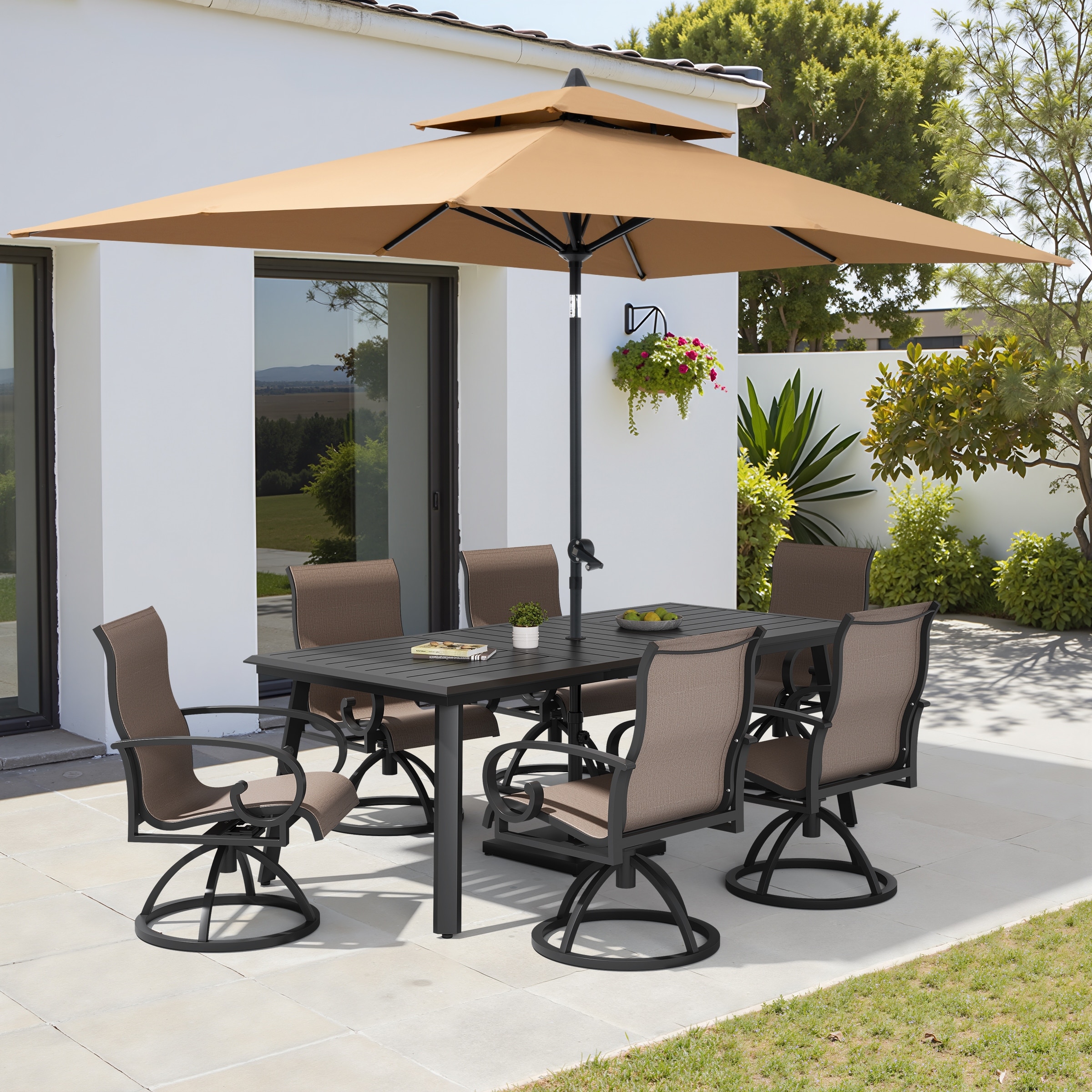 9-Piece Set Outdoor Aluminum Patio Dining Table and Swivel Sunbrella Dining Chairs with Umbrella and Base