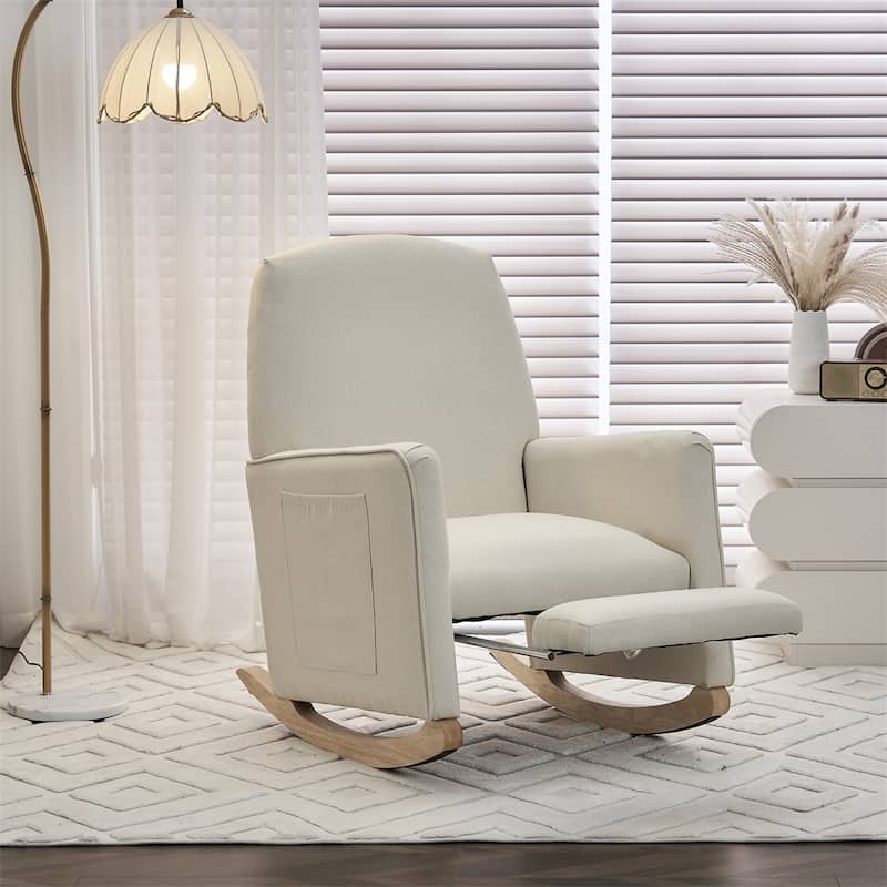 Cotton Linen Fabric Rocking Chair With Adjustable Footrest