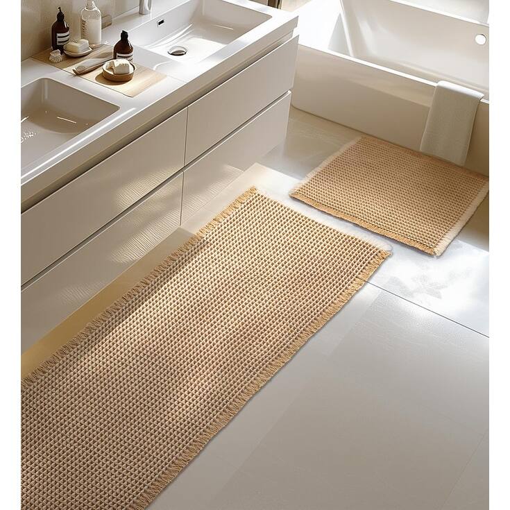 Large Waffle Bath Mat Set, Non Slip Bathroom Mat Set - Brown-white