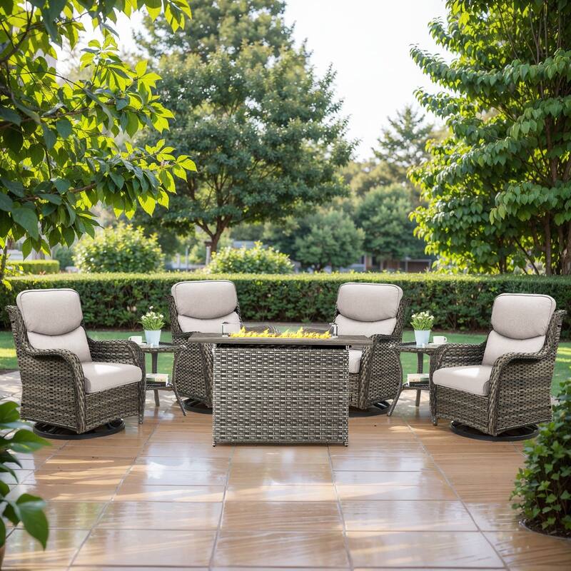 7 Pieces Outdoor Swivel Chairs Fire Pit Table with 5-Inch Thick Cushions - Grey Rattan - Beige Cushion - 7PCS Swivel Chair Table w/ Rectangular Fire Table