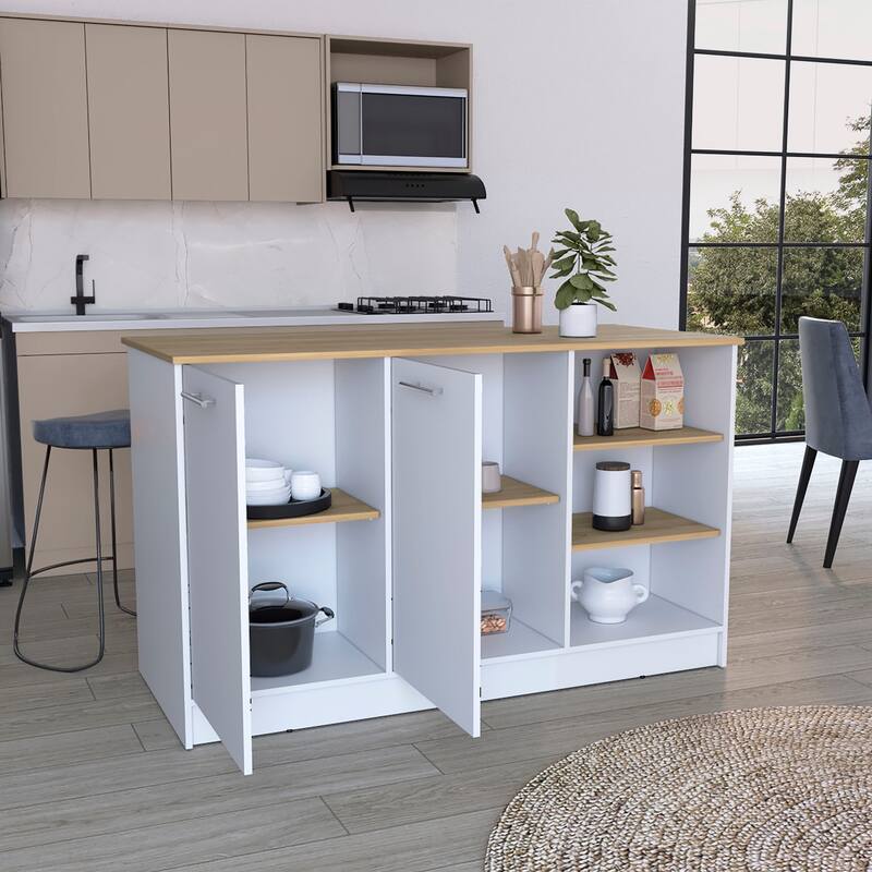 White/Dark Brown Kitchen Island with 3 Open Shelves, 2 Cabinets, Spacious Countertop