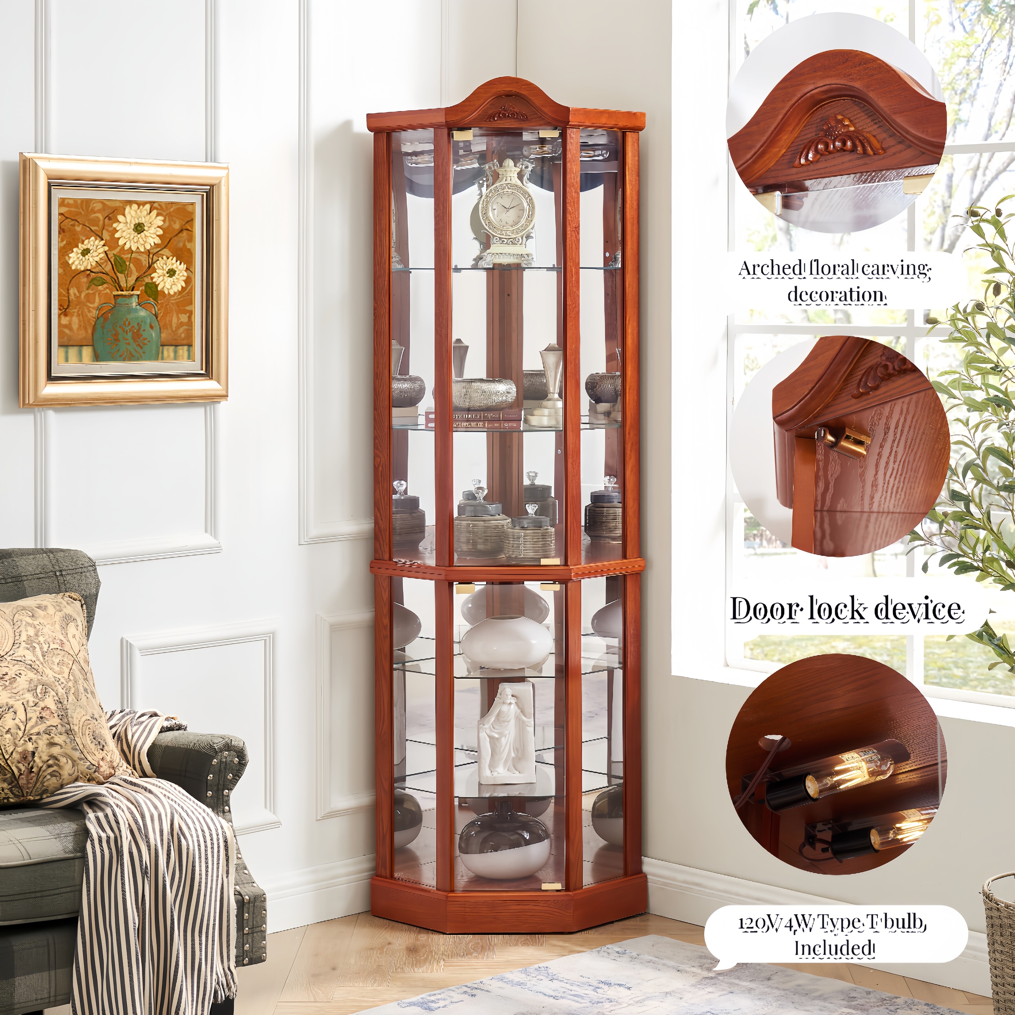 Corner Decoration Display Cabinet with Light, Adjustable Glass