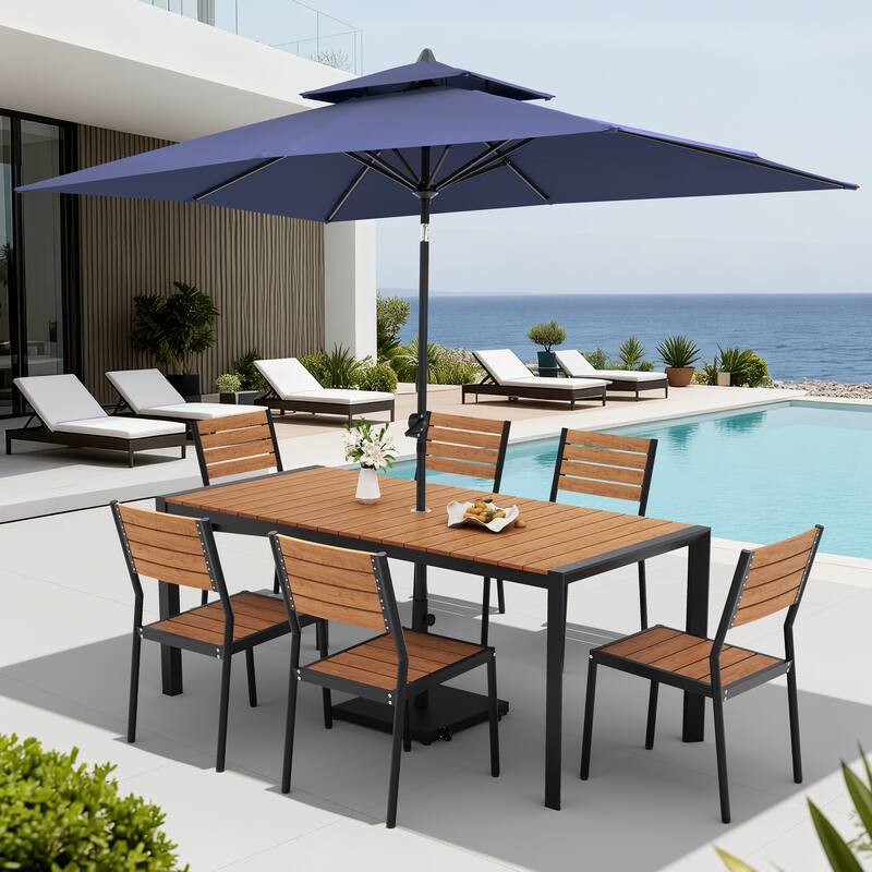 Set of 9 Outdoor Patio Dining Set WoodLike Aluminum Umbrella Hole Table with Stackable Chairs, Double Top Market Umbrella Set - BrownTable&BrownChairs&NavyBlueUmbrella