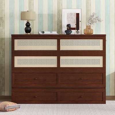 Murphy Bed, Pine Wood Cabinet Bed with Rattan Decoration and Storage Drawer