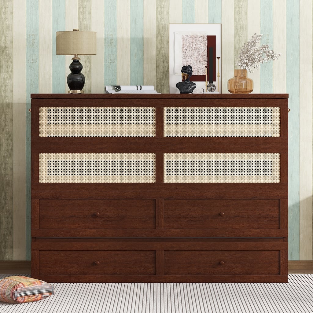 Queen Size Murphy Bed Cabinet with Rattan Decoration and Storage Drawer, Walnut Finish
