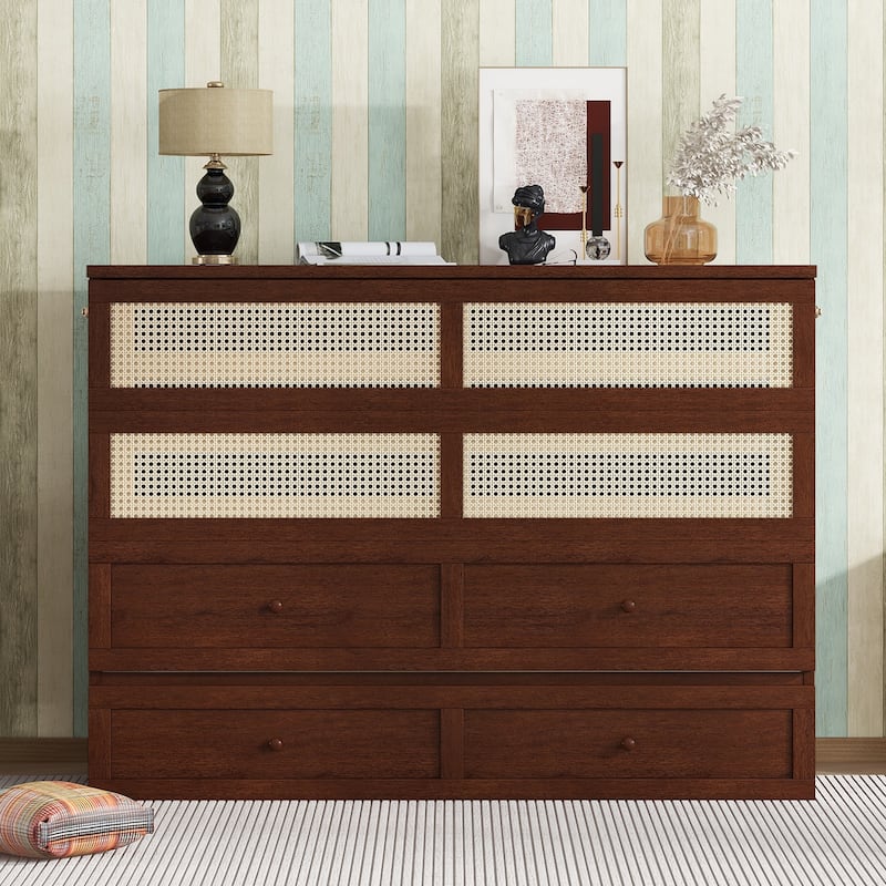 Queen Size Pine Wood Murphy Cabinet Bed with Rattan Decoration, Storage Drawer - Walnut