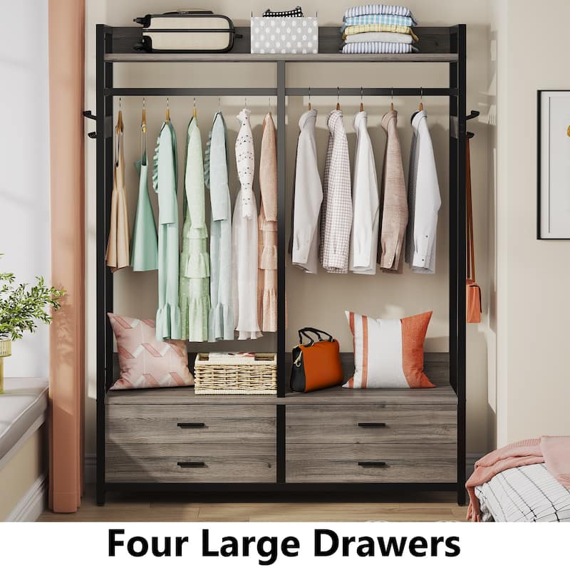 47.2" W Freestanding Closet Organizer for Hanging Clothes, Heavy Duty Garment Rack with 4 Drawers, 8 Hooks and Storage Shelves