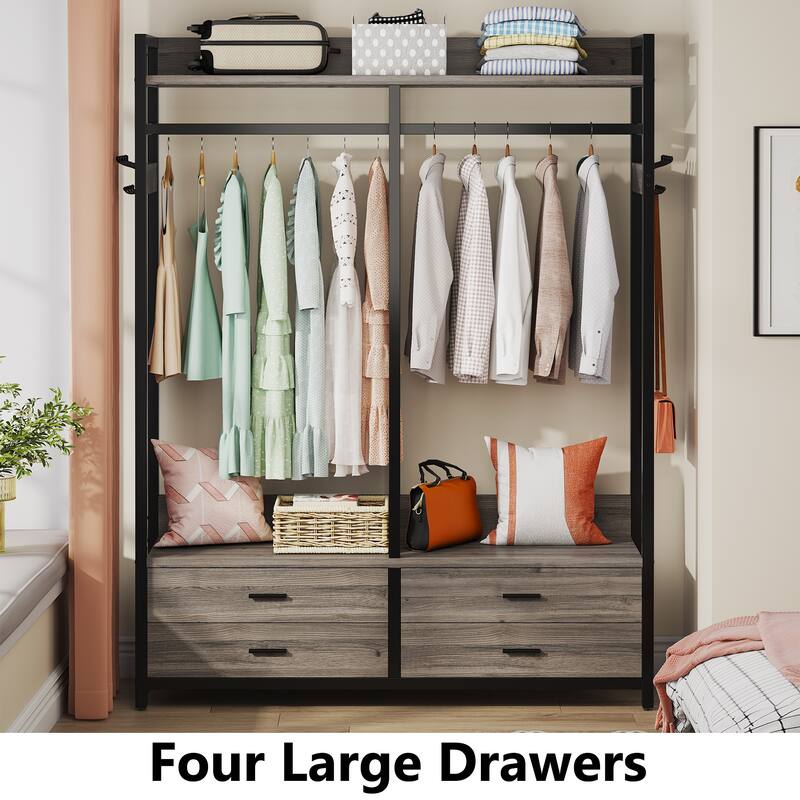 Freestanding Closet Organizer, 47-in Heavy Duty Garment Rack with Drawers and Hooks