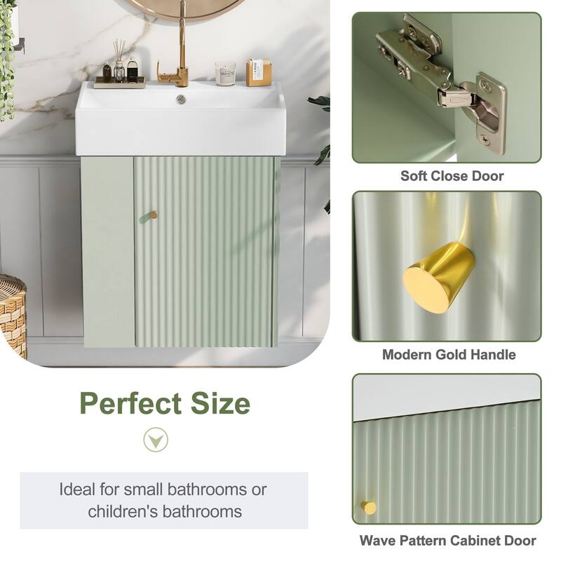 Modern 21.6" Wall-Mounted Bathroom Vanity with Wave-Patterned Door & Rose Gold Handle