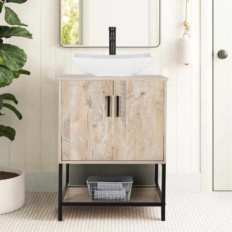 24" Bathroom Vanity Sink Combo Oak Cabinet Vanity Tempered Glass/Ceramic Sink - white ceramic curved sink