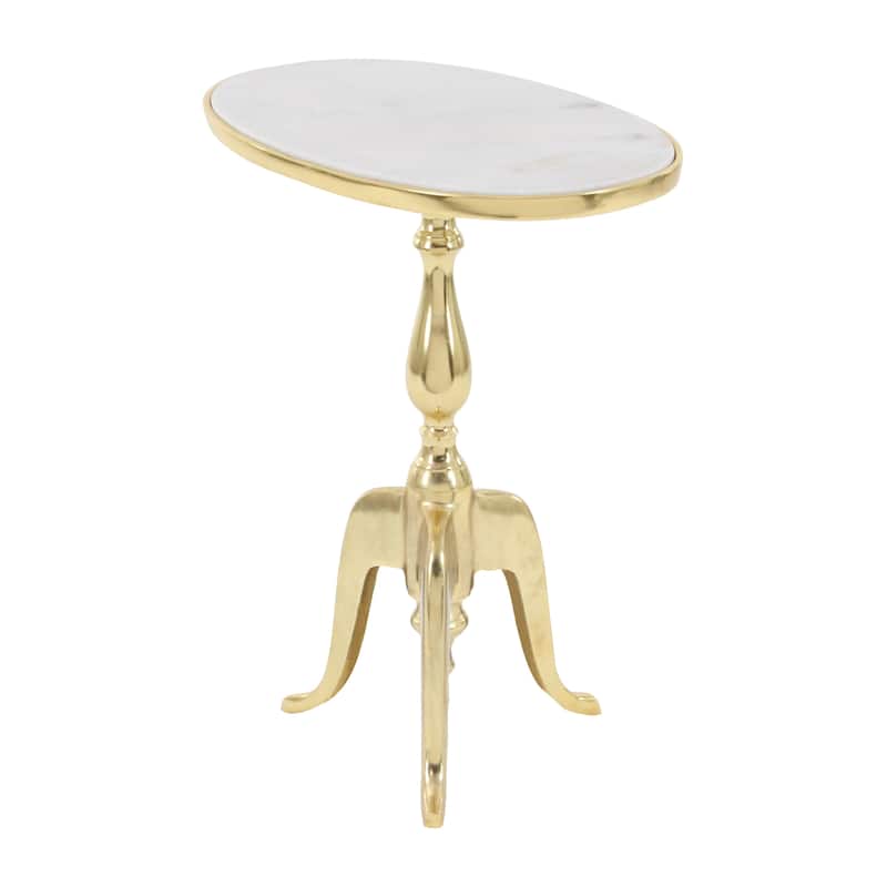 Aluminum Metal Turned Oval Accent Table with White Marble Top and Scroll Legs - Gold - Roche River Decor - 12"W x 19"L x 22"H