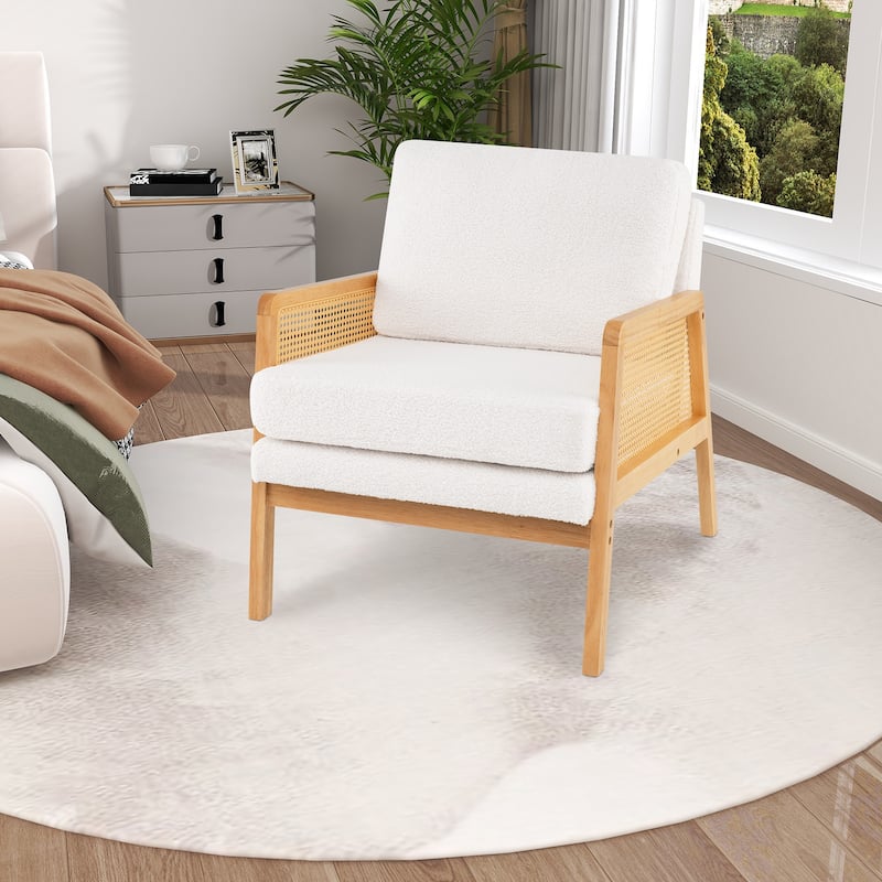 Sherpa Reading Side Chair Modern Accent Arm Chair w/Rattan Arms