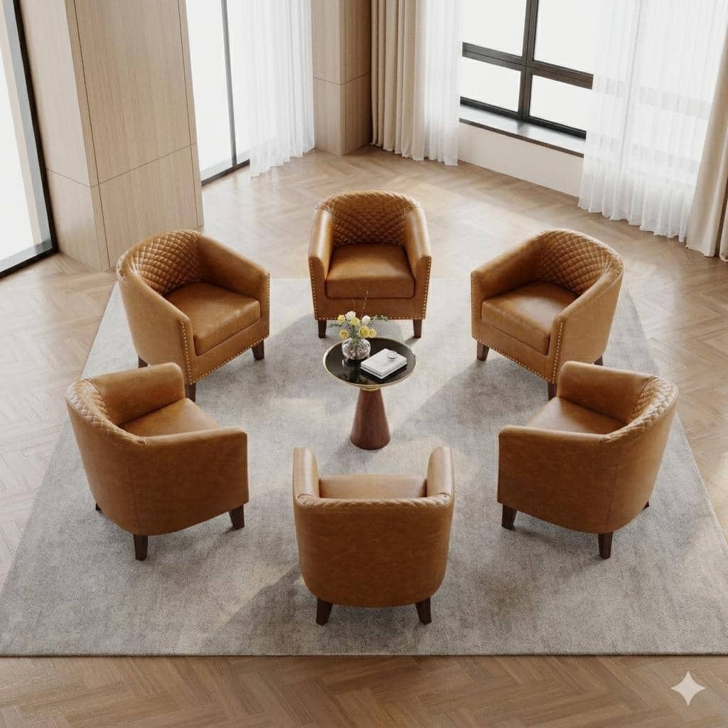 Modern Nailheads Trim Leather Barrel Accent Chairs with Wood Legs
