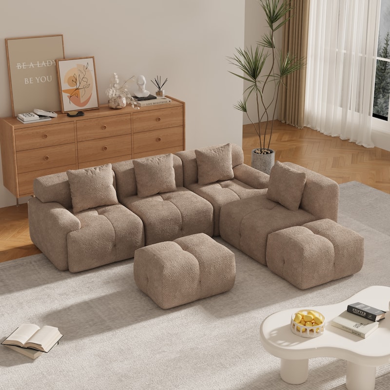 Roomfitters U Shaped Modular Sectional Sofa Bed Chaise, 6-Piece Cloud Tufted Floor Couch with 2 Ottomans and 4 Pillows