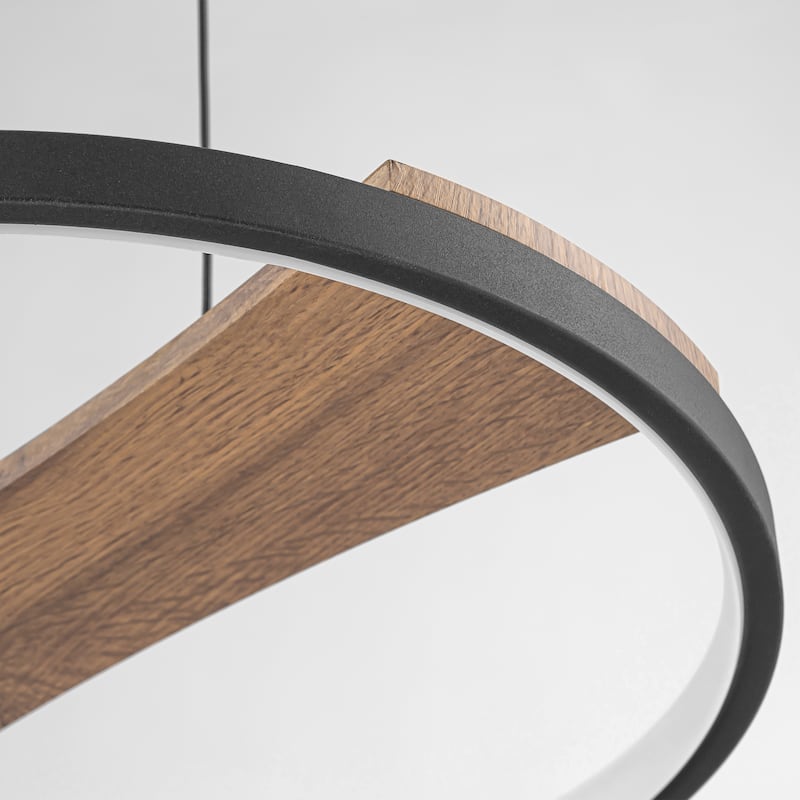 1-Light Modern Black Round Wheel Wood Integrated LED Pendant Light for Dining Room - 15.7 in. W x 81.1 in. H