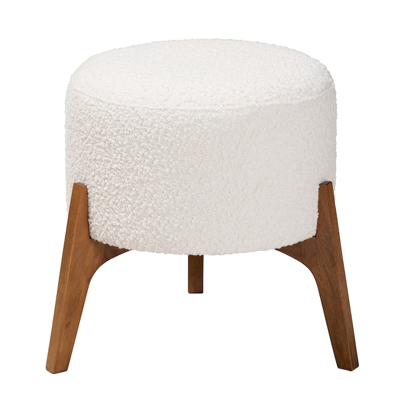 Elkie Japandi Cream Boucle Fabric and Walnut Brown Finished Wood Ottoman Footstool
