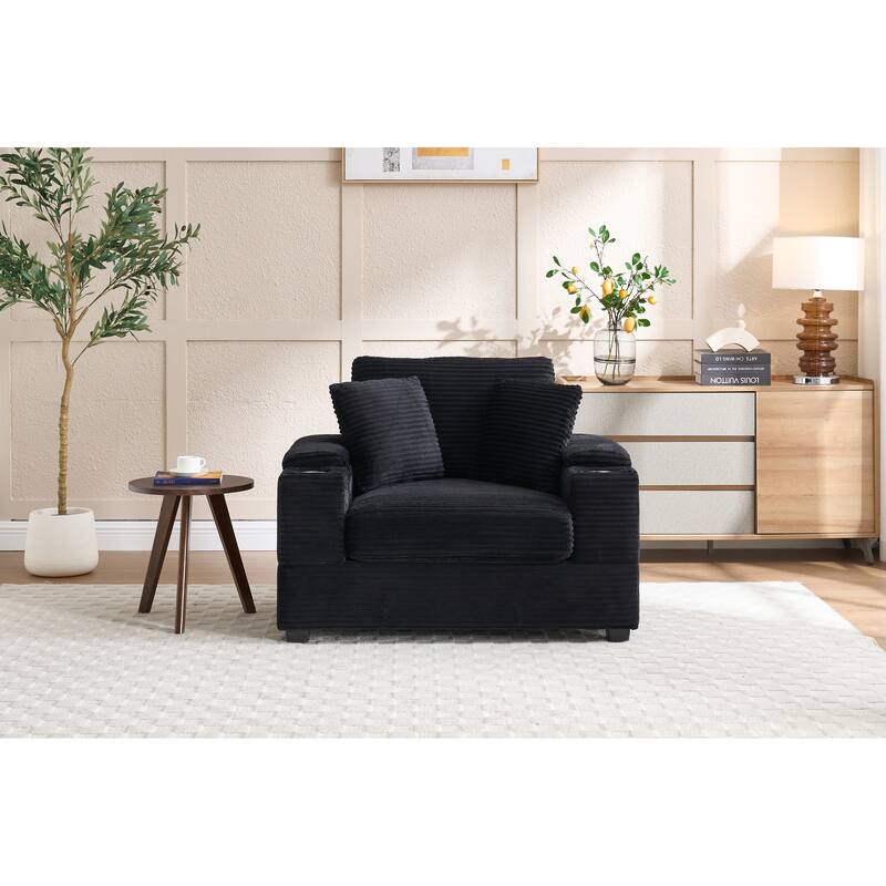 Corduroy Upholstered Chaise Lounge Sofa With Handrail Storage,Movable Ottoman,Cupholders,Detachable Cushions Deep Seat