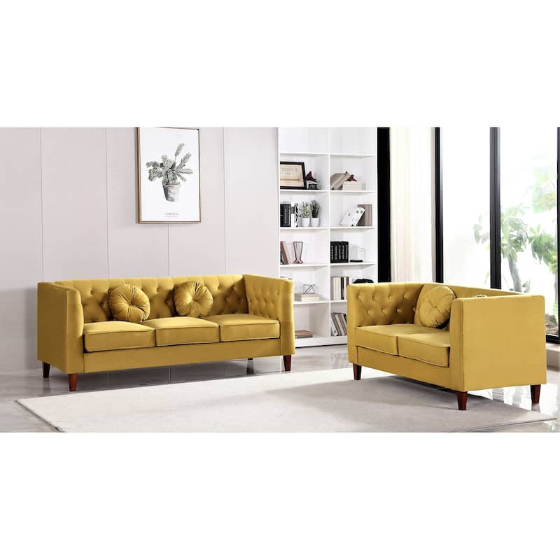 US PRIDE FURNITURE Velvet Classic Chesterfield 2 pieces Living Room Sets, Sofa and Lovesat - Yellow Green