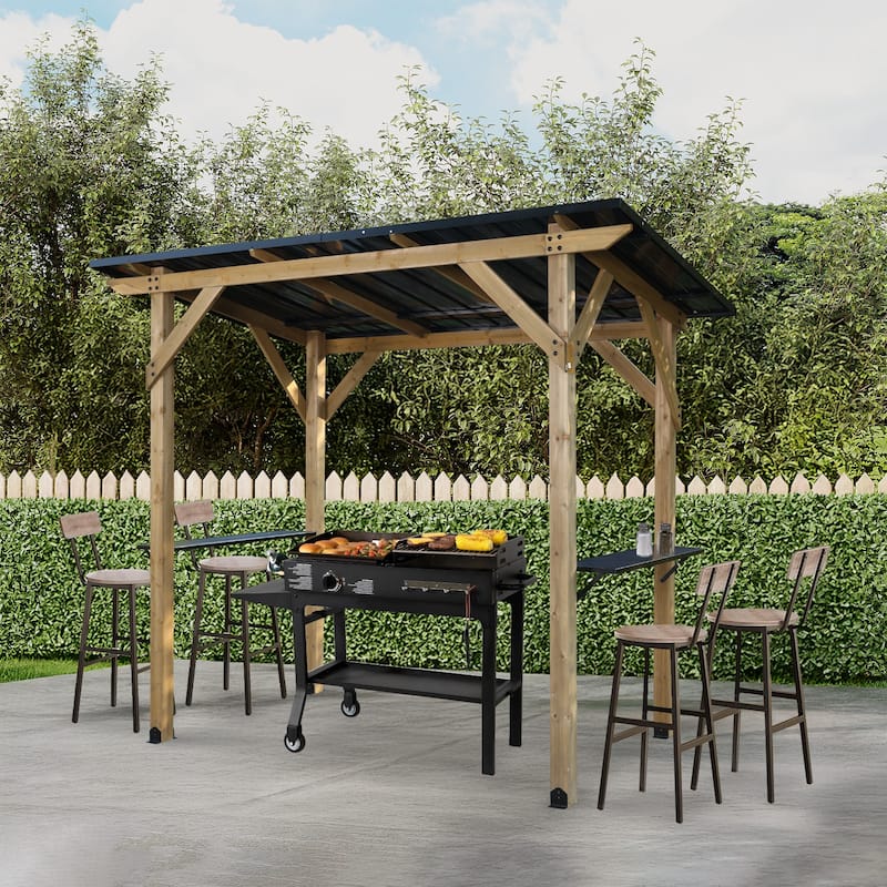Aoodor 8' x 5' Wooden Grill Gazebo, Outdoor Hardtop Gazebo with Sloping Metal Roof and 2 Side Shelves