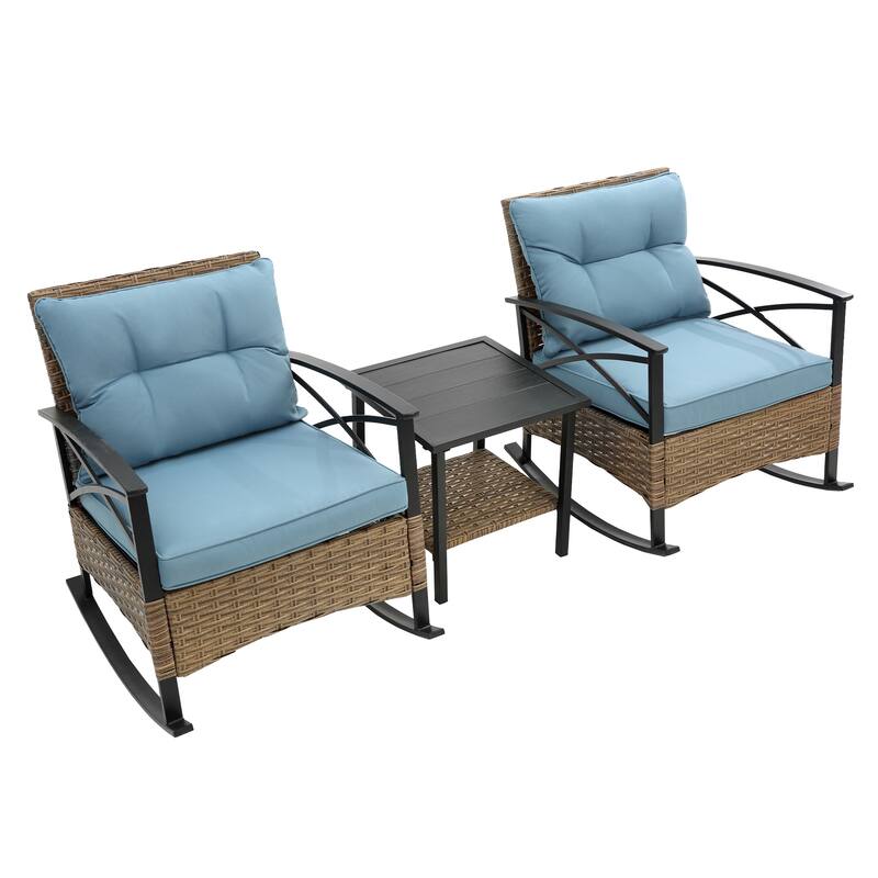 Outdoor Rattan Rocking Chairs Set of 2 for Backyard Porch, 3-Pieces Patio Conversation Sets with Cushions & Side Table